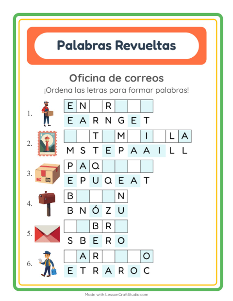 Vista previa de la hoja de Letras Revueltas con Oficina de correos para grado 1