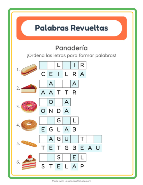 Vista previa de la hoja de Letras Revueltas con Panadería para grado 1