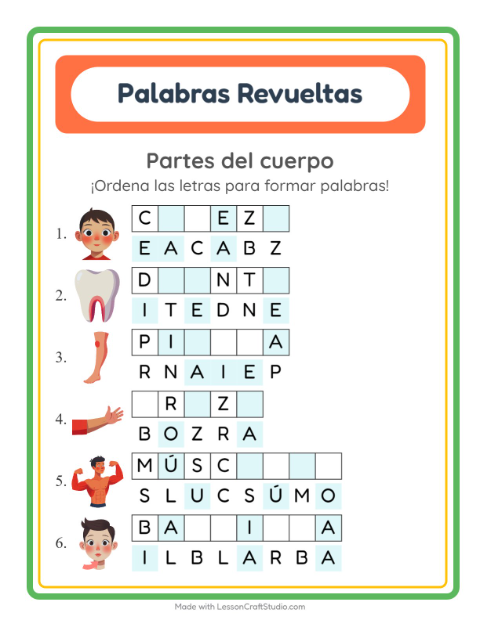 Vista previa de la hoja de Letras Revueltas con Partes del cuerpo para grado 1