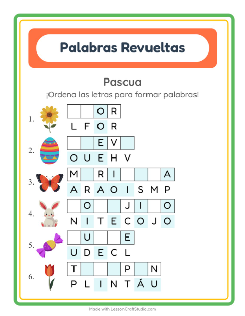 Vista previa de la hoja de Letras Revueltas con Pascua para grado 1