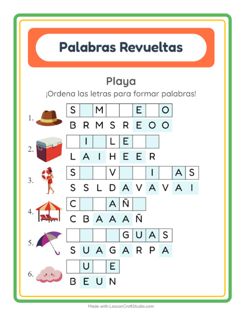 Vista previa de la hoja de Letras Revueltas con Playa para grado 1