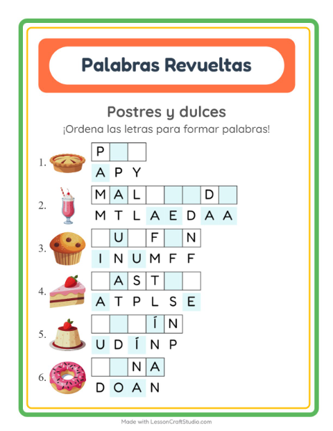 Vista previa de la hoja de Letras Revueltas con Postres y dulces para grado 1