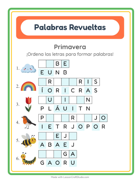 Vista previa de la hoja de Letras Revueltas con Primavera para grado 1
