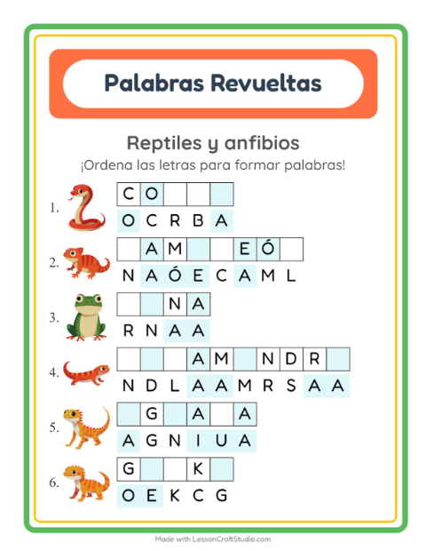 Vista previa de la hoja de Letras Revueltas con Reptiles y anfibios para grado 1