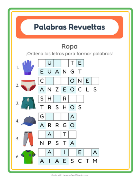 Vista previa de la hoja de Letras Revueltas con Ropa para grado 1