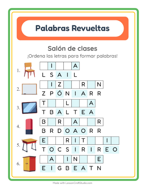 Vista previa de la hoja de Letras Revueltas con Salón de clases para grado 1