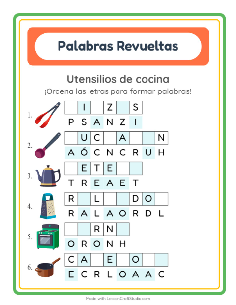 Vista previa de la hoja de Letras Revueltas con Utensilios de cocina para grado 1