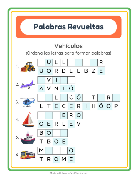 Vista previa de la hoja de Letras Revueltas con Vehículos para grado 1