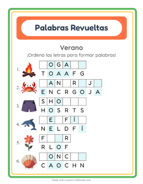 Vista previa de la hoja de Letras Revueltas con Verano para grado 1