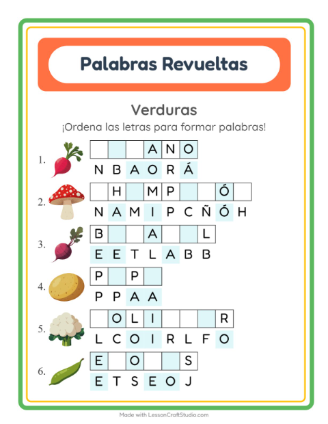 Vista previa de la hoja de Letras Revueltas con Verduras para grado 1