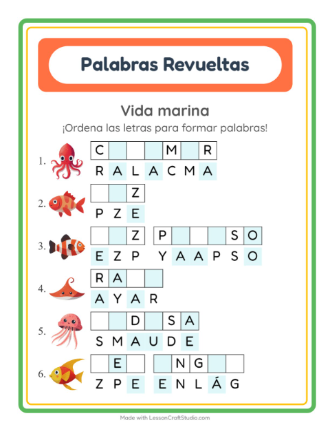 Vista previa de la hoja de Letras Revueltas con Vida marina para grado 1