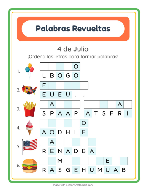 Vista previa de la hoja de Letras Revueltas con 4 de Julio para grado 1