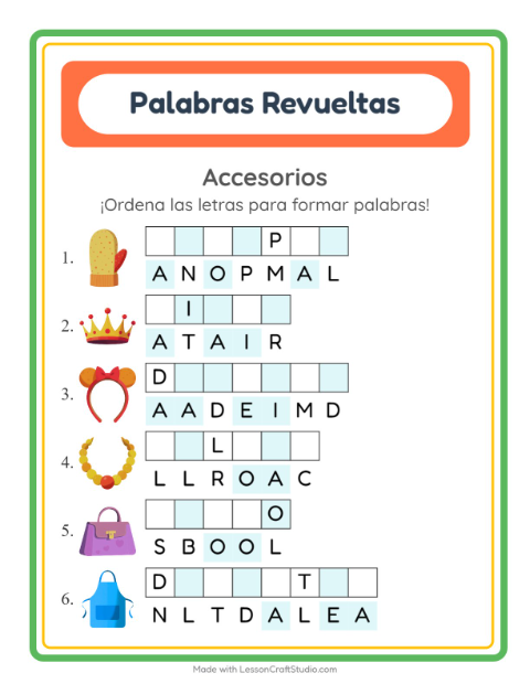 Vista previa de la hoja de Letras Revueltas con Accesorios para grado 1