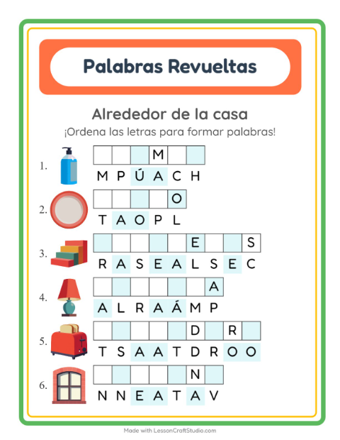 Vista previa de la hoja de Letras Revueltas con Alrededor de la casa para grado 1