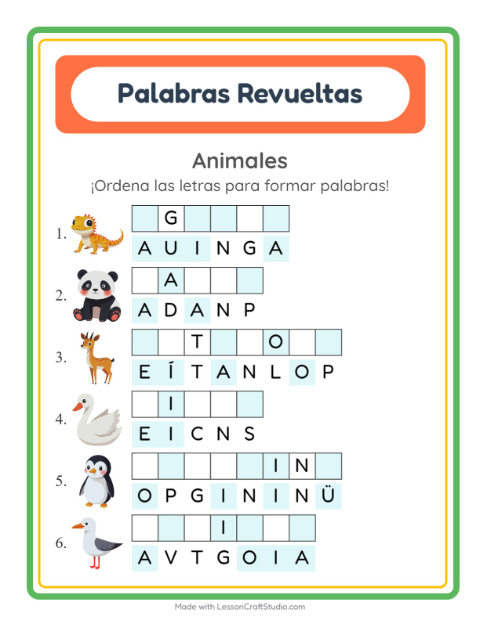 Vista previa de la hoja de Letras Revueltas con Animales para grado 1