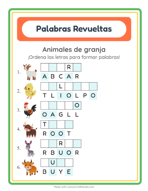 Vista previa de la hoja de Letras Revueltas con Animales de granja para grado 1