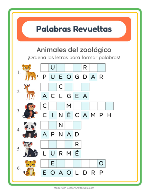 Vista previa de la hoja de Letras Revueltas con Animales del zoológico para grado 1