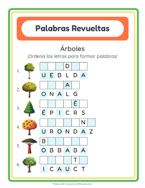 Vista previa de la hoja de Letras Revueltas con Árboles para grado 1