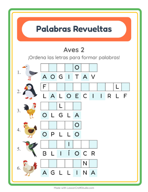 Vista previa de la hoja de Letras Revueltas con Aves 2 para grado 1