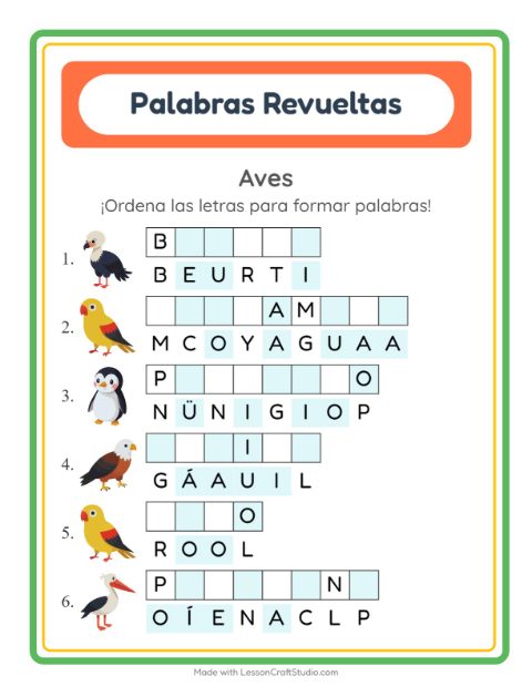 Vista previa de la hoja de Letras Revueltas con Aves para grado 1