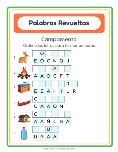 Vista previa de la hoja de Letras Revueltas con Campamento para grado 1