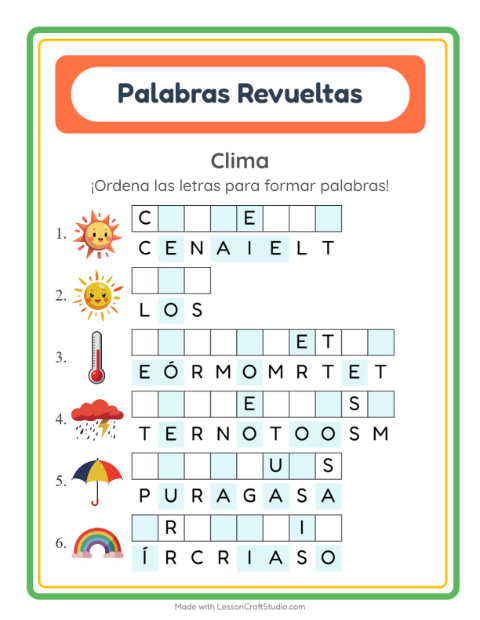 Vista previa de la hoja de Letras Revueltas con Clima para grado 1