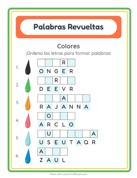 Vista previa de la hoja de Letras Revueltas con Colores para grado 1