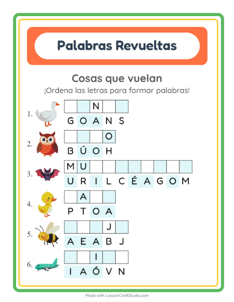 Vista previa de la hoja de Letras Revueltas con Cosas que vuelan para grado 1