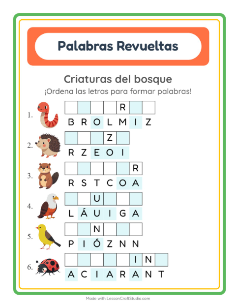 Vista previa de la hoja de Letras Revueltas con Criaturas del bosque para grado 1