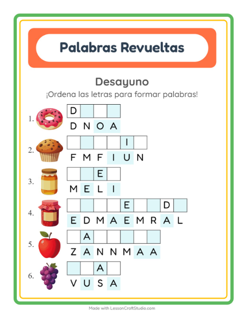 Vista previa de la hoja de Letras Revueltas con Desayuno para grado 1