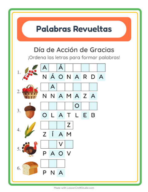 Vista previa de la hoja de Letras Revueltas con Día de Acción de Gracias para grado 1