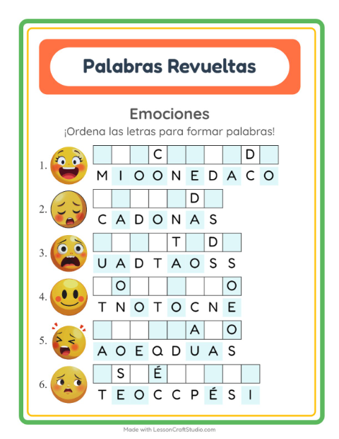 Vista previa de la hoja de Letras Revueltas con Emociones para grado 1