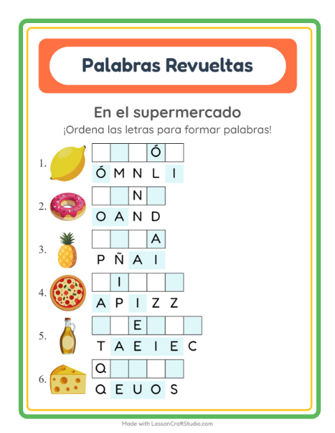 Vista previa de la hoja de Letras Revueltas con En el supermercado para grado 1