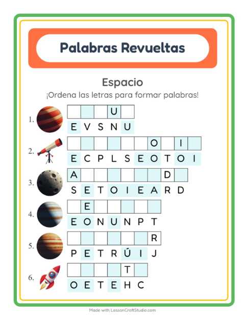 Vista previa de la hoja de Letras Revueltas con Espacio para grado 1