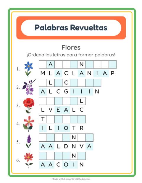Vista previa de la hoja de Letras Revueltas con Flores para grado 1