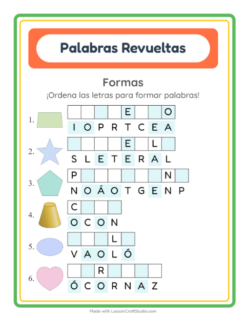 Vista previa de la hoja de Letras Revueltas con Formas para grado 1