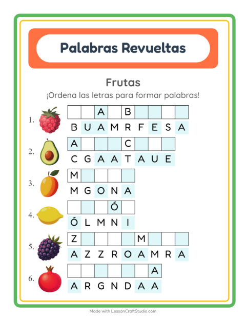 Vista previa de la hoja de Letras Revueltas con Frutas para grado 1