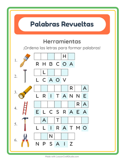 Vista previa de la hoja de Letras Revueltas con Herramientas para grado 1