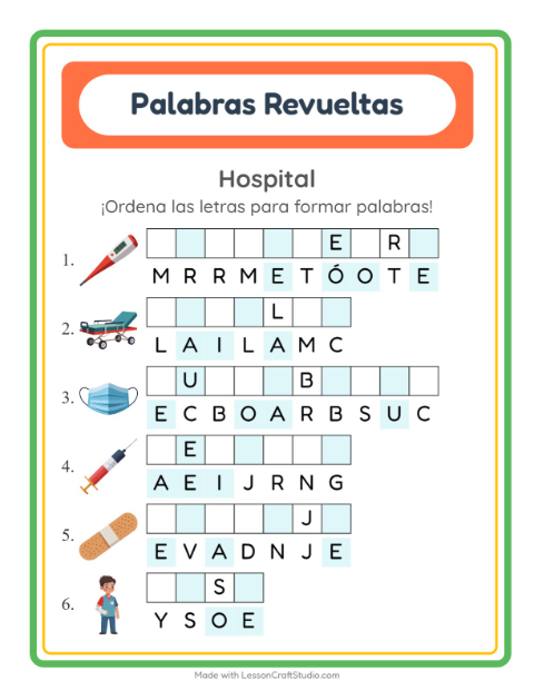 Vista previa de la hoja de Letras Revueltas con Hospital para grado 1