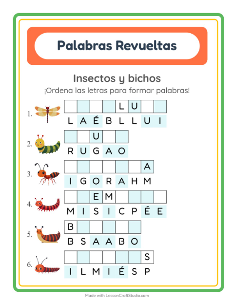 Vista previa de la hoja de Letras Revueltas con Insectos y bichos para grado 1