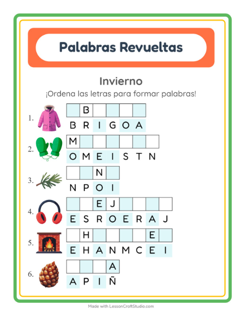 Vista previa de la hoja de Letras Revueltas con Invierno para grado 1