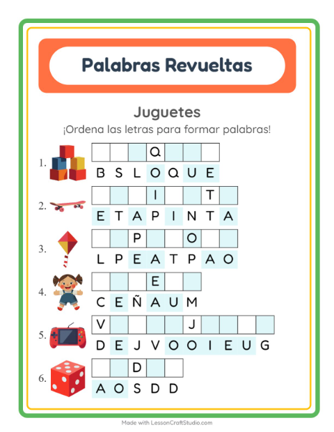 Vista previa de la hoja de Letras Revueltas con Juguetes para grado 1