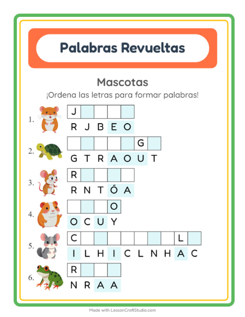 Vista previa de la hoja de Letras Revueltas con Mascotas para grado 1