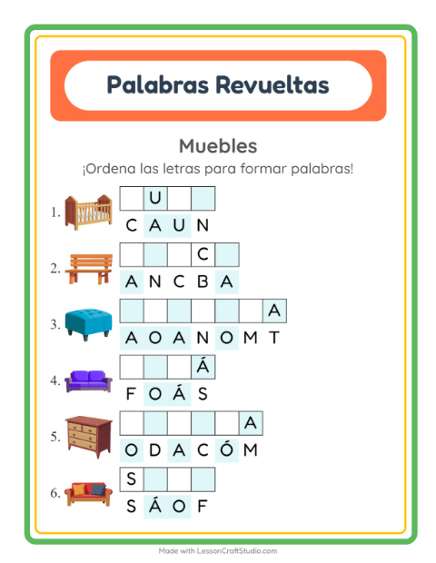 Vista previa de la hoja de Letras Revueltas con Muebles para grado 1