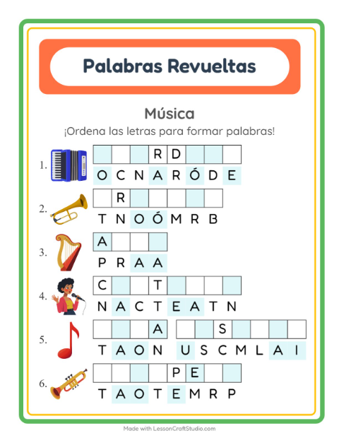 Vista previa de la hoja de Letras Revueltas con Música para grado 1