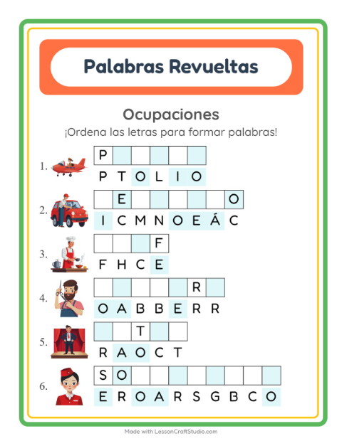 Vista previa de la hoja de Letras Revueltas con Ocupaciones para grado 1