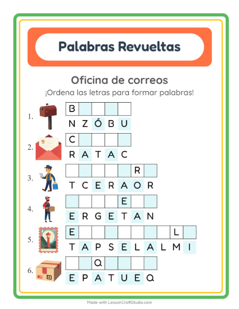 Vista previa de la hoja de Letras Revueltas con Oficina de correos para grado 1