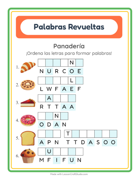 Vista previa de la hoja de Letras Revueltas con Panadería para grado 1