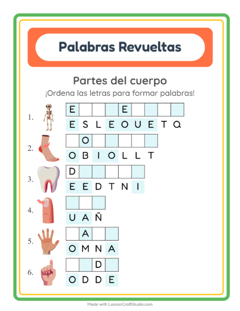 Vista previa de la hoja de Letras Revueltas con Partes del cuerpo para grado 1