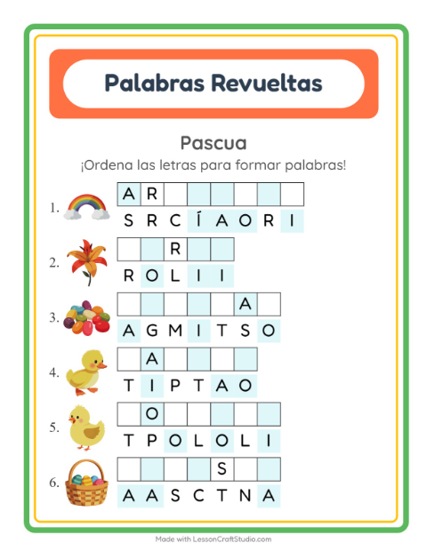 Vista previa de la hoja de Letras Revueltas con Pascua para grado 1